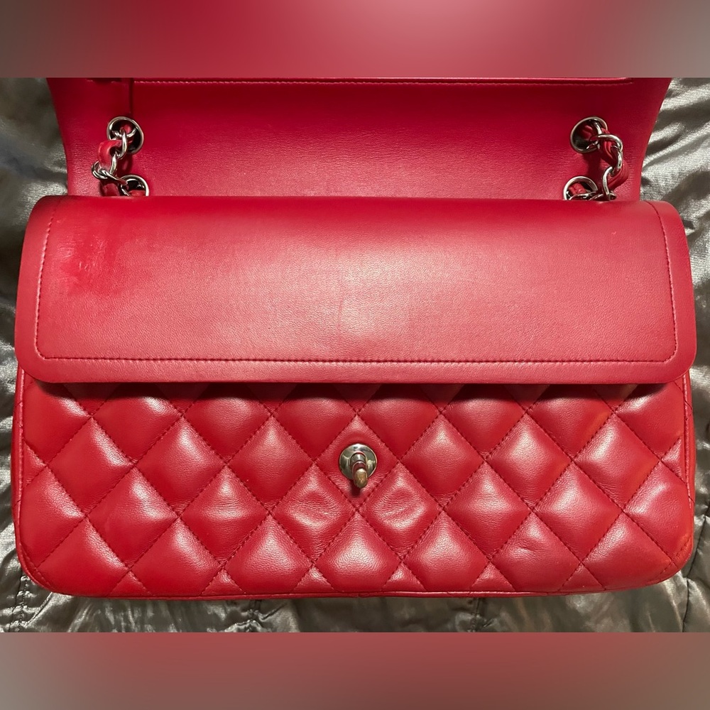 Authentic CHANEL Lipstick Red Leather Jumbo Double Flap Bag SHW RARE - Picture 5 of 12